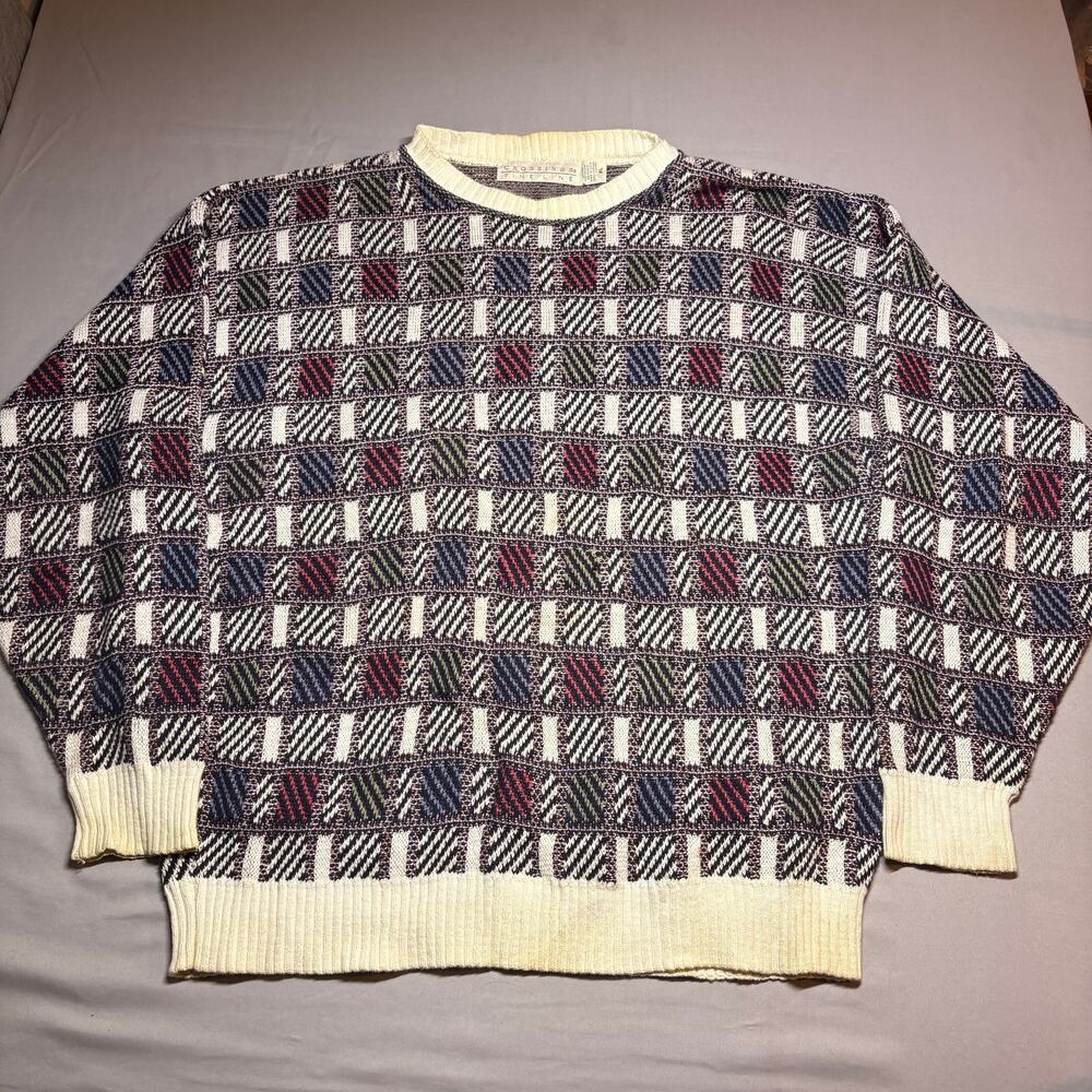 vintage Crossings fine line patchwork knit crewneck sweater